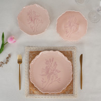 Service de table en porcelaine 18 pièces élégant motif floral rose poudré, avec assiettes à salade et à soupe, imprimé par tampographie, portable, pour mariage, maison, cadeau