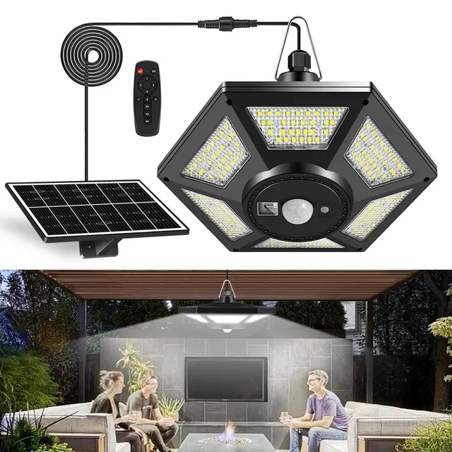 Solar Pendant Lights IP65 Outdoor Indoor Remote 180LED Shed Light Motion Sensor 5 Lighting Modes Garage Patio Barn