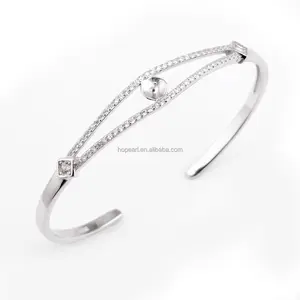 SSB57 Women Girls Open Silver Bangle Zircon Solid Sterling Silver Cuff Bracelet Mounting for Pearls