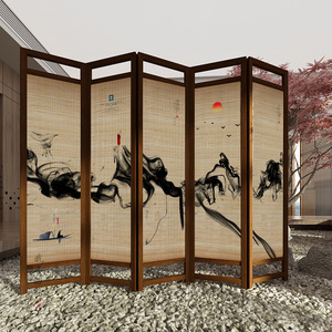 Bamboo Silk Printed Folding Screen Khaki Color Foldable Chinese Style Room Divider For Living Room Export - Product Image 3