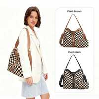 Tas Tote Kanvas Kotak-kotak Custom Logo Grosir OEM ODM dengan Ritsleting, Trim PVC, Lapisan Poliester, Selempang Wanita