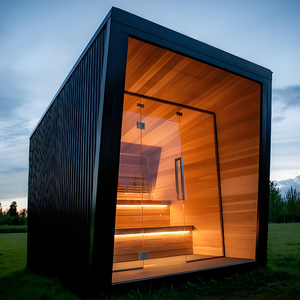 <span class=keywords><strong>Sauna</strong></span> Geométrica de Cedro Rojo con Techo Inclinado y Estufa de Leña para 8 Personas, Crea un Refugio Moderno en tu Propiedad de Montaña - Product Image 1