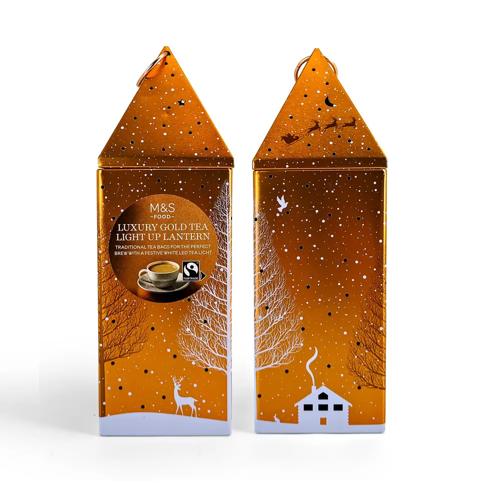 JYBカスタムハウスデザインゴールドカラーコーヒーティー缶クリスマスギフト包装ブリキ容器ライト付き