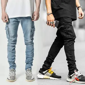 New Men's Tight Stretch Cargo Pocket Workout Skinny Cargo Men Jeans