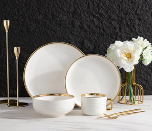 Juego de vajilla de cerámica blanca con borde dorado, vajilla de lujo personalizada al por mayor para hoteles, restaurantes, bodas, caja de regalo, supermercado - Product Image 1