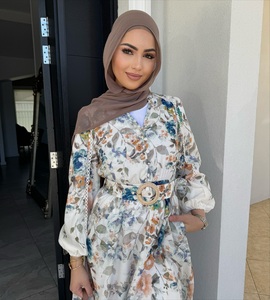 Elegante Vestido Abaya de Poliéster con Estampado Floral y Cinturón para Mujeres Musulmanas, Manga Larga, Primavera/Otoño, Boda, Uso Diario, Moda Islámica Modesta - Product Image 4