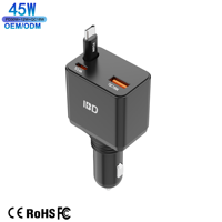 Chargeur de voiture rapide 45W avec écran numérique et câble rétractable, compatible PD 3.0 QC3.0, adaptateur multi-protocoles pour écouteurs et téléphone