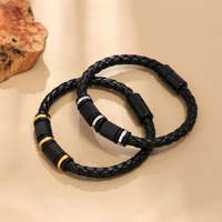 Bracelet unisexe tressé simple en cuir véritable noir tendance, avec fermoir magnétique plaqué or et logo personnalisé – Meilleure vente