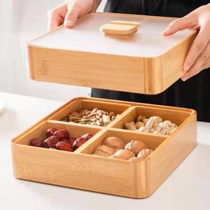 <b>Bamboo</b> Lidded Nut Tray 4 Compartment Square Food <b>Container</b> With Acrylic Lid For Snack Storage - Product Image 1