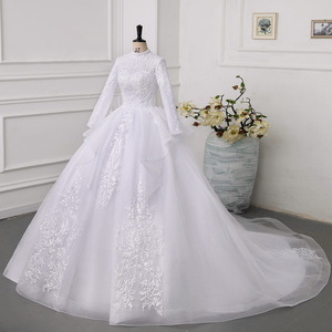 AL1908 2025 nuevo modelo Delgado princesa novia vestido de novia tren de corte pesado con decoración de encaje blanco puro <span class=keywords><strong>civil</strong></span> musulmán - Product Image 1