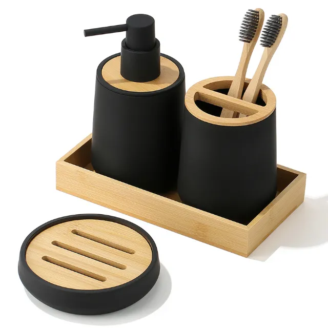 Dispensador de jabón de baño, soporte para cepillo de dientes, bandeja para jabonera, accesorios de baño de madera de bambú negro, Juego de 4 Uds.