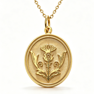 Medalla Circular Chapada en Oro con Diseño de Cardo y Patrón Floral en Relieve, Amuleto de Recuerdo - Product Image 2