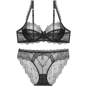 Conjunto de lencería de encaje negro al por mayor, talla grande, elegante estilo francés, sujetador con aros y bragas de 2 piezas, lencería sexy de malla transparente para mujer - Product Image 1