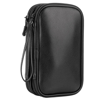 Organisateur de voyage en cuir imperméable grain litchi de qualité supérieure, conception double couche, sac d'accessoires unisexe pour ranger plusieurs objets