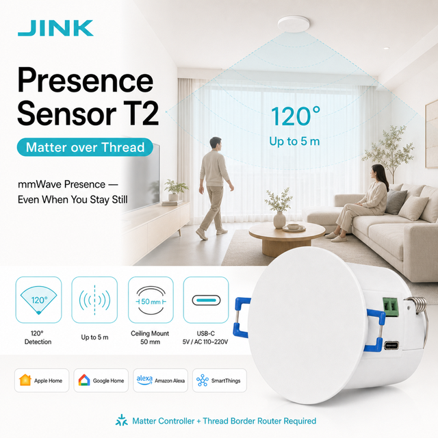 JINK Presence Sensor T2 Matter Over Thread MmWave Ceiling Occupancy Sensor 120 Degree 5m Smart Home Automation