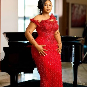 Robe de bal sirène rouge Aso Ebi, ornée de cristaux, de perles et de paillettes, pour soirée, seconde réception, anniversaire, fiançailles - Product Image 1