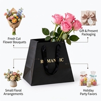 Sac en papier noir trapézoïdal FL83 avec logo en feuille d'aluminium et poignée en ruban pour bouquet, emballage cadeau pour fleuriste, mariage, fête