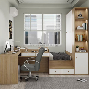 <b>Small</b> Bedroom Furniture Sets Compact Wooden Storage Bed With L-Shaped Study <b>Desk</b> & Tall Wardrobe for Studio Apartments Furniture - Product Image 4