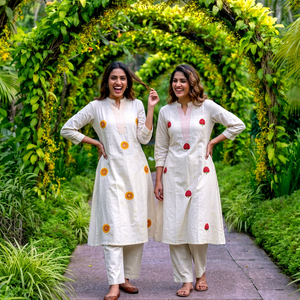 Ensemble haut et pantalon ethnique pour femme PLAZZO Kurta, VISHNU K DESIGNS, en coton, broderie au fil, tenue de soirée formelle, séchage rapide, toutes saisons - Product Image 1