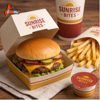 Boîte d'emballage pour la restauration rapide en papier kraft imprimé sur mesure, boîte à hamburgers, gobelet à frites, sac à emporter, ensemble d'emballage alimentaire pour la marque de restaurant