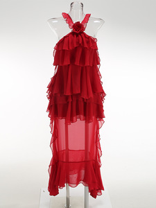 Elegante abito da donna con scollo a V lungo arruffato in Chiffon lavorato a maglia alla moda per le <span class=keywords><strong>vacanze</strong></span> invernali in tinta unita - Product Image 4