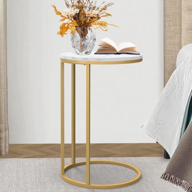 Доступный в наличии маленький круглый журнальный металлический чайный мраморный столик, современный постельный столик для гостиной, боковой столик в форме C