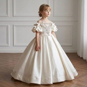 Vestidos de niña de las flores Wn1788 de satén color marfil, largos hasta el suelo, con lazo, manga abullonada y cuentas, 100% poliéster, para fiestas de cumpleaños - Product Image 1
