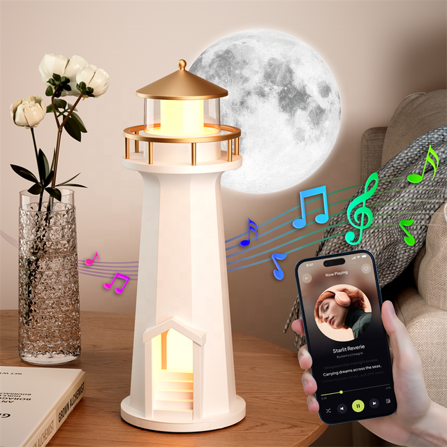 New Design Lighthouse Bedroom Table Lamps Rechargeable APP Control 8 Color Changing Moon Night Light Projector for Kids