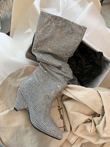 Botas de tacón grueso de 7 cm con diamantes de imitación personalizadas hasta la rodilla para mujer, ideales para damas sexys. - Product Image 2