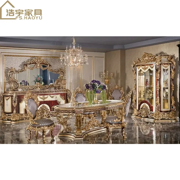 Роскошный деревянный обеденный стол, набор мебели, Классический Королевский семейный античный золотой обеденный стол ручной работы со стульями