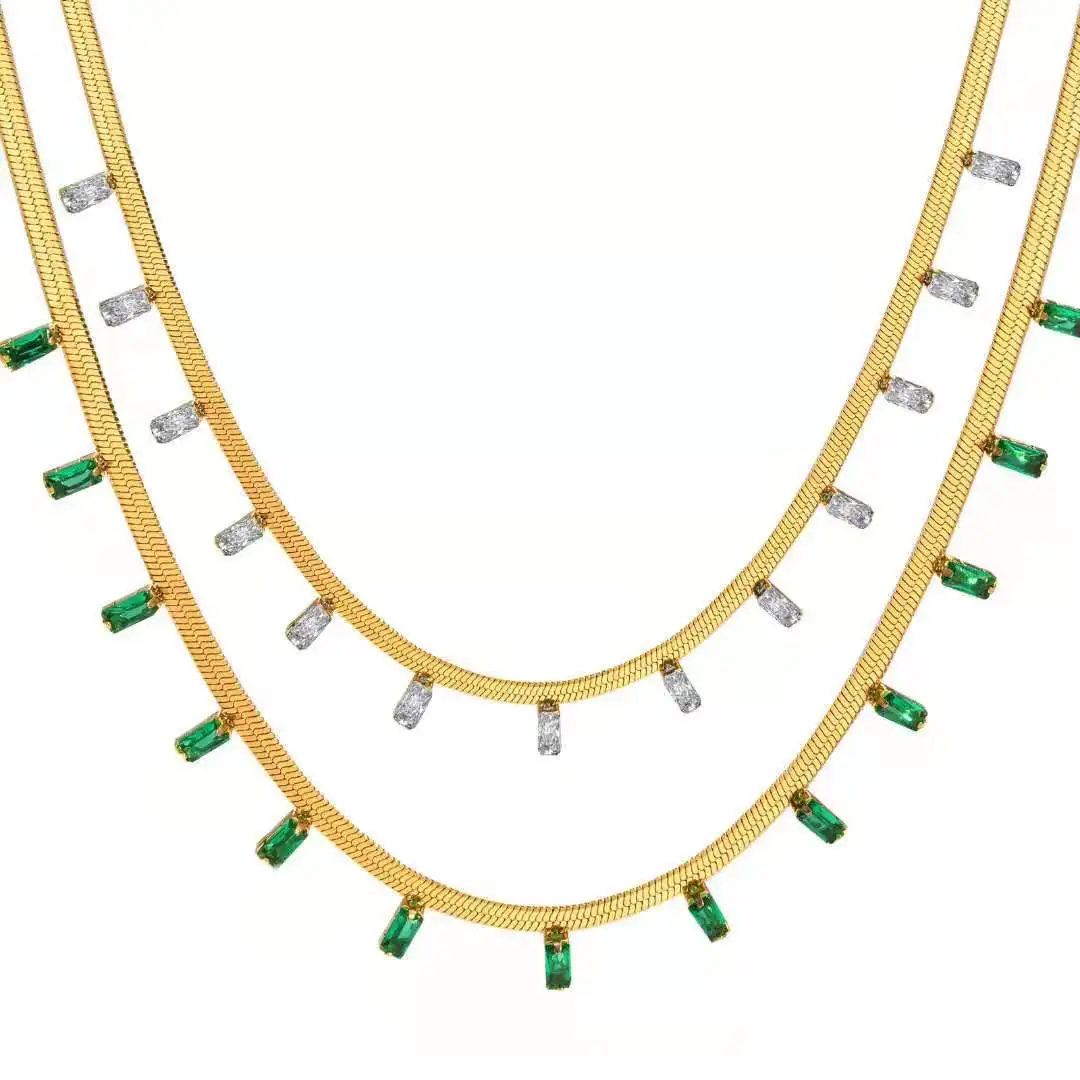 Europe and the United States new 14K gold plated flat snake chain square green white zircon titanium steel necklace bracelet set