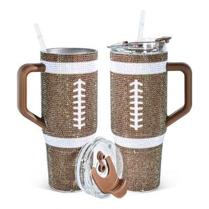 Gobelet isotherme sous vide en acier inoxydable de 40 oz avec poignée et paille, motif diamant, strass bling style football américain - Product Image 1