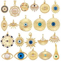 Charme rond en coquillage turc bleu mauvais œil, plaqué or véritable 18 carats, accessoires de bijoux collier bracelet fournitures S73