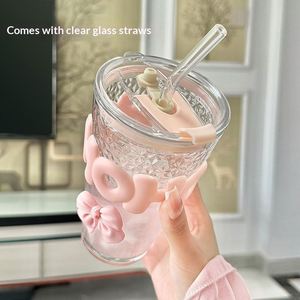 Gobelet en verre à nœud papillon, grande capacité, anti-fuite, résistant aux hautes températures, isolé, pour jus de bureau avec paille - Product Image 3
