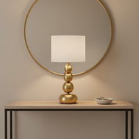 Lampe de table en métal à sphères empilées, LED dorée de luxe, style moderne et minimaliste, base E14, abat-jour en tissu blanc pour la décoration de chevet