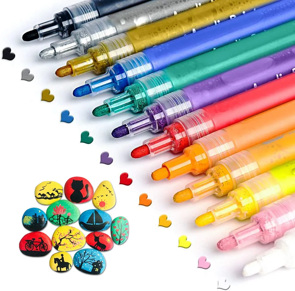 맞춤 12 색 DIY 영구 방수 팁 아크릴 페인트 마커 펜 세트