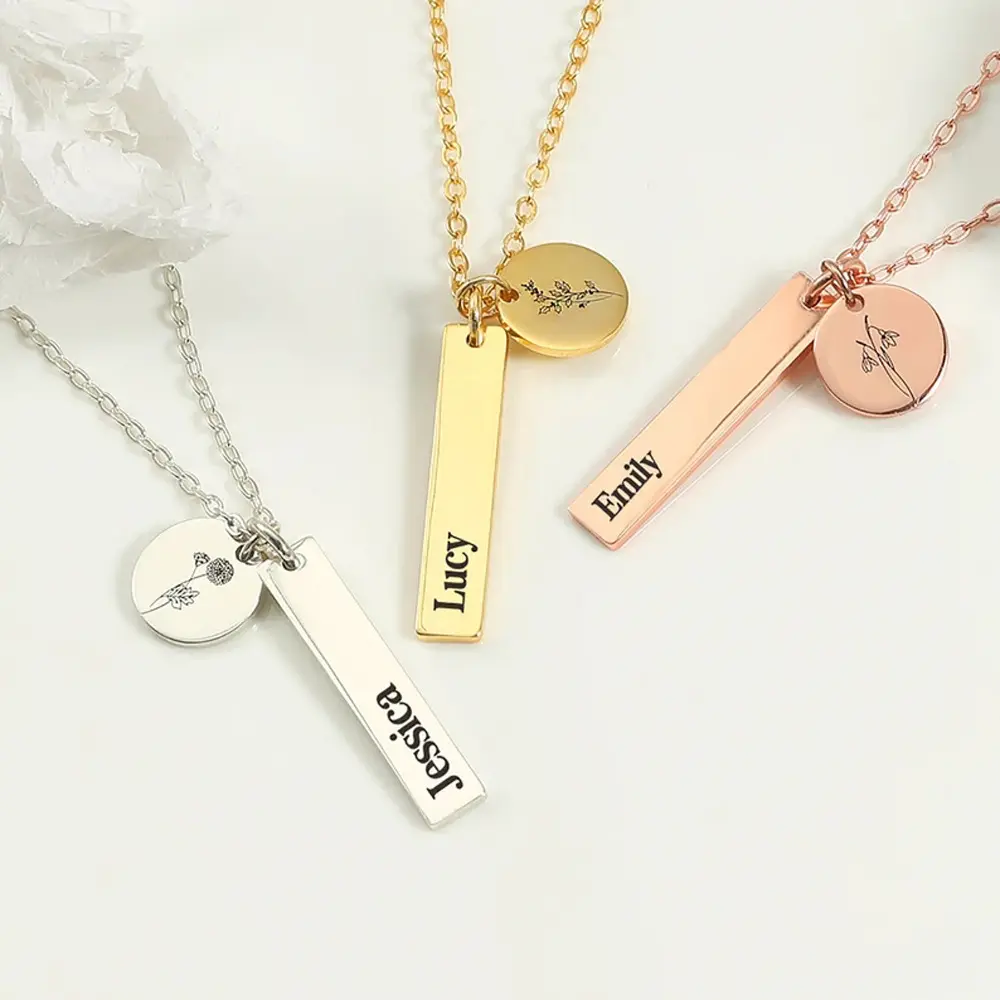 DIY Gold Plating Engraving Letter Tags Coin Necklace No Fade Stainless Steel Custom Name Disk Long Bar Pendant Necklace