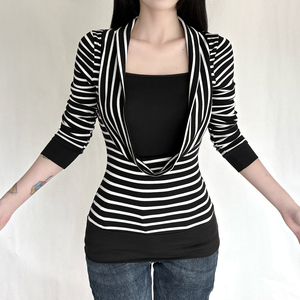 Camiseta de manga larga de punto con estampado de rayas vintage para mujer, ecológica, con cuello tipo capucha fruncido y efecto de dos piezas, top base para superposición - Product Image 2