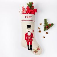 Chaussettes de Noël personnalisées en toile rose, motif maison kaki et blanc, avec revers en toile, idéales comme cadeau