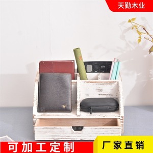 Wooden storage <b>box</b> for desktop organization, with pen holder, <b>small</b> drawer, two-layer storage cabinet, compartmentalized wooden - Product Image 5