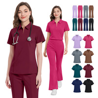 Setelan Scrub Kerah Polo Warna Solid Celana Sedikit Melebar Unisex Pakaian Kerja Dokter/Perawat Dua Potong Poliester Dobby Custom OEM Baru