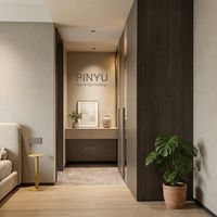 Armoire de chambre murale complète en composite fin couleur noyer foncé, avec unité de rangement encastrée pour entrée et tiroirs décoratifs