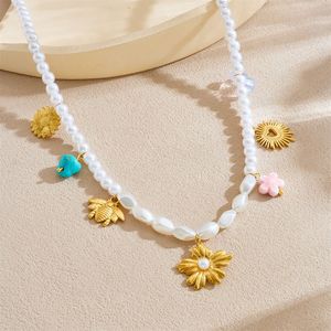 Elegant Pearl Beaded Necklace With Flower Sunflower Bee Pendant Gold Plated For Party Fashion Jewelry - Product Image 2