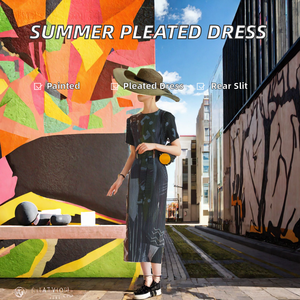 Summer Pleated Printed A-line Midi <b>Dress</b> O-Neck Short Sleeve Belt Casual Wear - Product Image 2