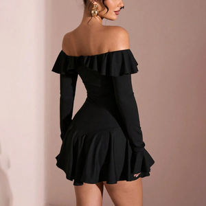 Schwarzes Mini-Kleid für Damen, schulterfrei, Rüschen, Langarm, Glockenrock, figurbetont, elegant, sexy, für Abend, Party, Abschlussball, Clubwear - Product Image 3