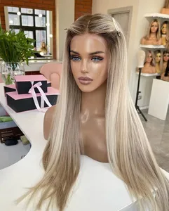 Wig Yahudi atas sutra Premium Remy rambut manusia Eropa Balayage Wig depan renda warna pirang