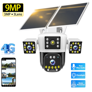 Telecamera <span class=keywords><strong>di</strong></span> Sicurezza Solare 4G da Esterno 360° con 3 Obiettivi da 9MP °   Telecamera <span class=keywords><strong>di</strong></span> <span class=keywords><strong>Sorveglianza</strong></span> <span class=keywords><strong>Wireless</strong></span> PTZ con 2 Pannelli Solari e Visione Notturna per Fattoria - Product Image 1