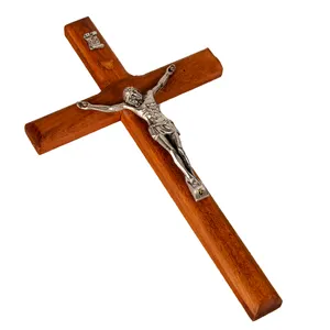 In Stock different sizes Brown Church Wall Hanging Home Decoration Pray Alloy Crucifix silver Plated ODM Big Wood Cross