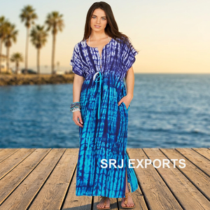 Robe longue décontractée d'été pour femme SRJ EXPORTS, en soie tie-dye écologique, à manches courtes, col rond, coupe ample, style bohème, avec poches - Product Image 4