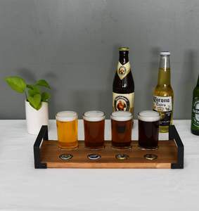 Plateau de service en bois pour bière artisanale et bijoux avec rangement pour bouchons de bouteilles, 4 verres, poignées en métal noir, brun foncé - Product Image 5
